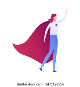 Vector modern flat superhero person energy illustration. Color hero female with cloak and full battery charge symbol isolated on white. Concept of efficency, success, idea, solution. Design element