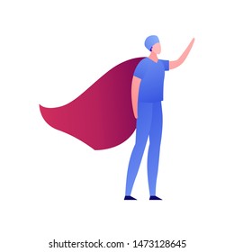 Vector modern flat superhero person illustration. Male surgeon doctor in blue uniform with red cloak standing isolated on white background. Design element for medical banner, healthcare poster, clinic