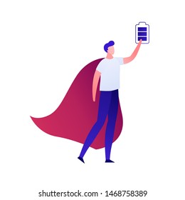 Vector modern flat superman person battery charge illustration. Color super success men with full batttery in hand isolated on white. Concept of business, mood, emotion, solution, idea. Design element