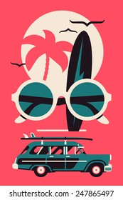 Vector modern flat wall art poster design on hot summer vacation, beach recreation, water activities, surfing with woodie wagon retro surf car, palm on sun, surfboard with lightning bolt design