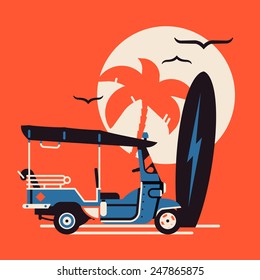 Vector modern flat wall art poster design on hot summer exotic destination vacation, beach water activities recreation, surfing with tuk tuk auto rickshaw tricycle, palm on sun, surfboard and seagulls