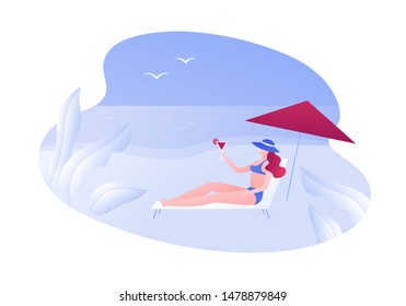 Vector modern flat web beach travel illustration. Young female laying on deckchair under umbrella holding cocktail on island seascape background. Design element for advertisment, banner, web, ad.