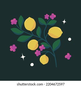 Vector Modern Floral Arrangement Background. Cute Delicate Botanical Illustration With Leaves And Lemons.