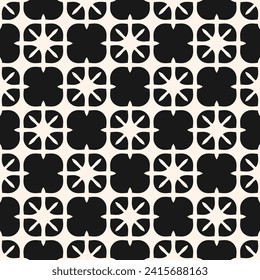 Vector modern floral geometric abstract pattern. Seamless black and white background. Trendy geo leaf ornament. Simple texture with flower shapes, stars, curved grid, repeat tiles. Stylish geo design