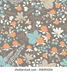 Vector modern floral seamless pattern with northern flora elements. This pattern can be used for wrapping paper, wallpaper, cover, textile design, fabric design.Tundra, nordic design, cloudberry.
