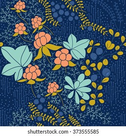Vector modern floral seamless pattern with northern flora elements. This pattern can be used for wrapping paper, wallpaper, cover, textile design, fabric design.Tundra, nordic design, cloudberry.
