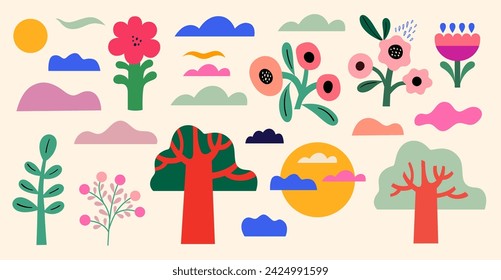 Vector colección de flores modernas. Flores, árboles y nubes	