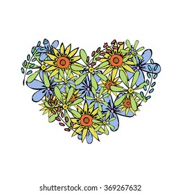 vector modern flowers in a heart isolated on white background