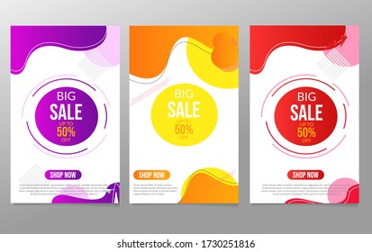  Vector Modern Fluid For Big Sale Banners Design. Discount Banner Promotion Template. Special offer and sale banner discount up to 50% template design with editable text. EPS 10