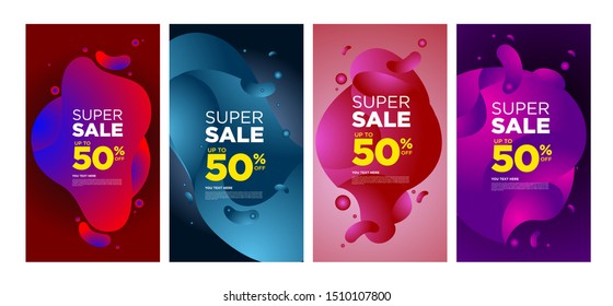 Vector Modern Fluid For Super Big Sale Banners Design. Discount Banner Promotion Template. Special offer and sale banner discount up to 50% template design with editable text.
