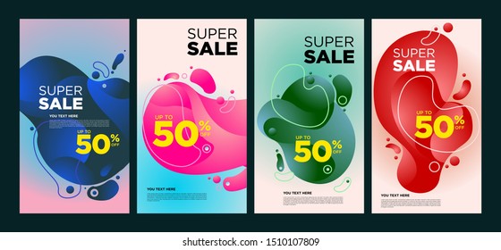 Vector Modern Fluid For Super Big Sale Banners Design. Discount Banner Promotion Template. Special offer and sale banner discount up to 50% template design with editable text.
