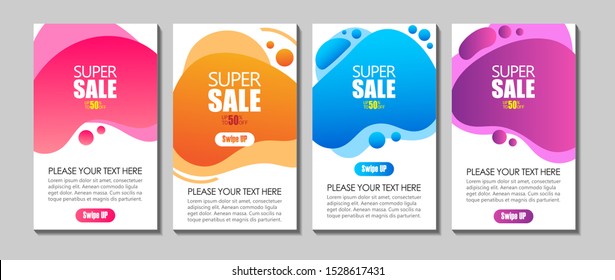 Vector Modern Fluid For Super Sale Banners Design. Discount Banner Promotion Template. Dynamic modern fluid mobile for sale banners. Sale banner template design, Super sale special offer set.