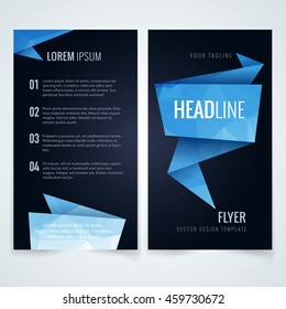 vector modern flyer advertisement or folder design pattern with blue origami triangle texture on dark background texture conceptual scene numeric performance trendy darkness partnership blue fancy imp