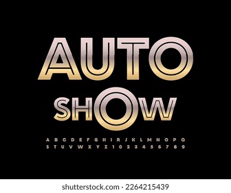 Vector modern flyer Auto Show. Industrial style set of metallic Alphabet Letters and Numbers. Chrome premium Font