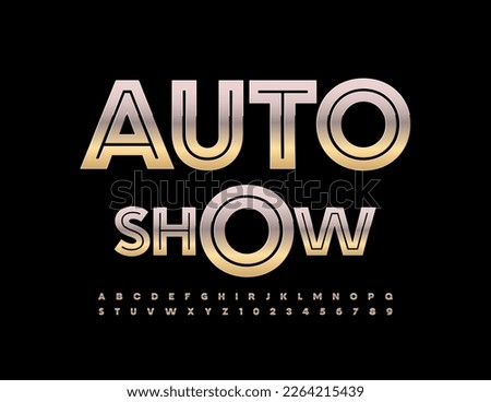 Vector modern flyer Auto Show. Industrial style set of metallic Alphabet Letters and Numbers. Chrome premium Font