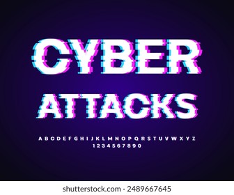 Vector modern flyer Cyber Attacks. Bright Digital Font with Glitched pixels. Set of futuristic Alphabet Letters and Numbers set