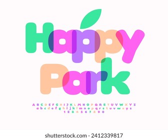 Vector modern flyer Happy Park. Children cute Font. Colorful Creative Alphabet Letters and Numbers set.