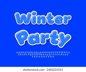 Vector modern flyer Winter Party. Playful Bright Font. Blue Glossy Alphabet Letters and Numbers.