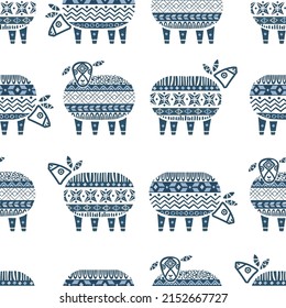 Vector modern folk abstract blue sheeps seamless pattern in scandinavian hygge stile with ethnic ornaments. Perfect print for cozy home decor,nordic, fairy tale, viking culture designs.