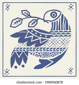 Vector modern folk abstract dove bird with green tree branch illustration in scandinavian hygge stile with ethnic ornaments. Perfect print for cozy home decor.