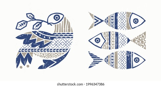 Vector modern folk abstract fishes and bird illustration set in scandinavian hygge stile with ethnic ornaments. Perfect print for cozy home decor,nordic, fairy tale, viking culture designs.