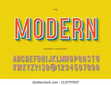 Vector modern font 3d typography colorful style for party poster, t shirt, promotion, kids book, greeting card, sale banner, printing on fabric, decoration, stamp. Cool trendy alphabet 10 eps