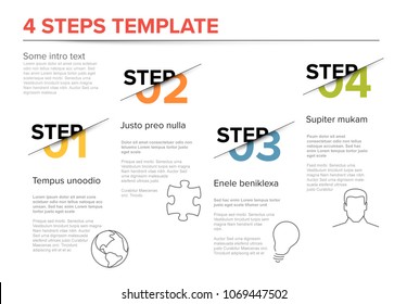 Vector modern four steps progress template with descriptions and icons