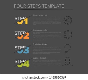 Vector modern four steps progress template with descriptions and icons - dark version with colorful numbers