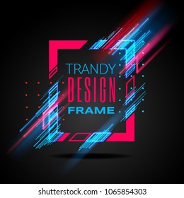 Vector modern frame with geometric neon glowing lines isolated on black background. Art graphics with glitch effect. Design element for business cards, gift cards, invitations, flyers, brochures.