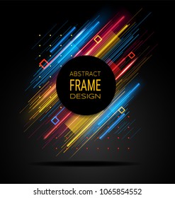 Vector modern frame with geometric neon glowing lines isolated on black background. Art graphics with glitch effect. Design element for business cards, gift cards, invitations, flyers, brochures.