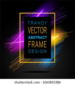 Vector modern frame with geometric neon glowing lines isolated on black background. Art graphics with glitch effect. Design element for business cards, gift cards, invitations, flyers, brochures.
