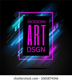 Vector modern frame with geometric neon glowing lines isolated on black background. Art graphics with glitch effect. Design element for business cards, gift cards, invitations, flyers, brochures.