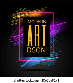 Vector modern frame with geometric neon glowing lines isolated on black background. Art graphics with glitch effect. Design element for business cards, gift cards, invitations, flyers, brochures.