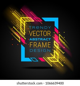 Vector modern frame with geometric neon glowing lines isolated on black background. Art graphics with glitch effect. Design element for business cards, gift cards, invitations, flyers, brochures.