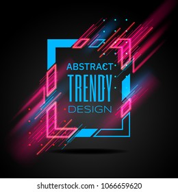 Vector modern frame with geometric neon glowing lines isolated on black background. Art graphics with glitch effect. Design element for business cards, gift cards, invitations, flyers, brochures.