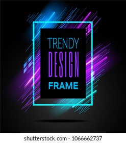 Vector modern frame with geometric neon glowing lines isolated on black background. Art graphics with glitch effect. Design element for business cards, gift cards, invitations, flyers, brochures.