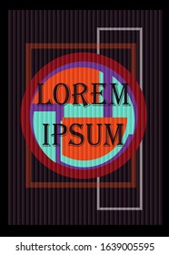 Vector modern frame. Graphics with geometric elements of a circle, square and lines of orange, turquoise, purple, black, white colors with a font on a dark background.Abstract bright design background