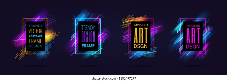 Vector modern frames with dynamic neon glowing lines isolated on black background. Art graphics with laser effect. Design element for business cards, gift cards, invitations, flyers, brochures.