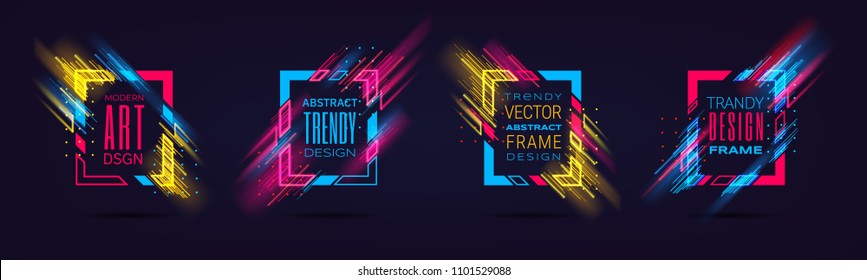 Vector modern frames with neon glowing lines isolated on black background. Art graphics with glitch effect. Holographic design element for business cards, gift cards, invitations, flyers, brochures.