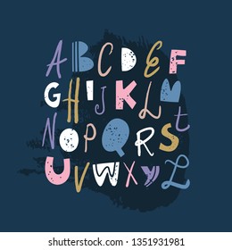 Vector modern funny playful childish font, clip art, cute letters, alphabet ABC