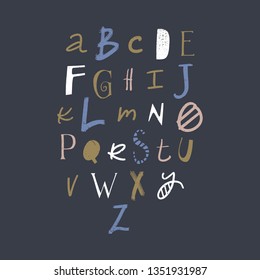 Vector modern funny playful childish font, clip art, cute letters, alphabet ABC