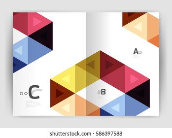 Cobertura del informe geométrico moderno vectorial anual. Folleto comercial moderno o planilla de portada A4. Fondo abstracto con triángulos de color, fondo anual de impresión de informes. 