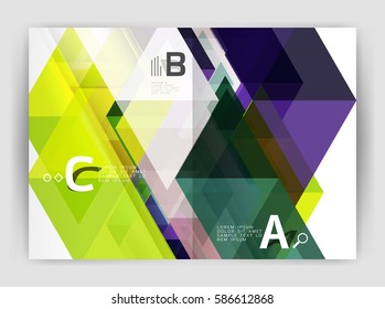 Vektormoderne geometrische Jahresberichte-Abdeckung. Moderne Broschüre oder Broschüre A4 Titelvorlage. Abstrakter Hintergrund mit Farbdreiecken, Jahresbericht-Hintergrund. 