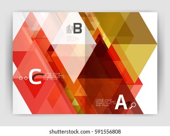 Cobertura del informe geométrico moderno vectorial anual. Folleto comercial moderno o planilla de portada A4. Fondo abstracto con triángulos de color, fondo anual de impresión de informes. Diseño de vectores para flujo de trabajo