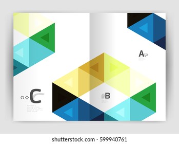 Cobertura del informe geométrico moderno vectorial anual. Folleto comercial moderno o planilla de portada A4. Fondo abstracto con triángulos de color, fondo anual de impresión de informes. Diseño de vectores para flujo de trabajo