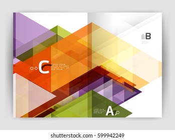 Cobertura del informe geométrico moderno vectorial anual. Folleto comercial moderno o planilla de portada A4. Fondo abstracto con triángulos de color, fondo anual de impresión de informes. Diseño de vectores para flujo de trabajo