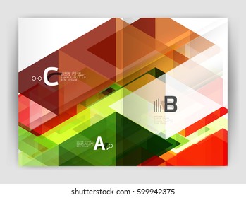 Cobertura del informe geométrico moderno vectorial anual. Folleto comercial moderno o planilla de portada A4. Fondo abstracto con triángulos de color, fondo anual de impresión de informes. Diseño de vectores para flujo de trabajo
