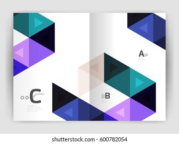 Cobertura del informe geométrico moderno vectorial anual. Folleto comercial moderno o planilla de portada A4. Fondo abstracto con triángulos de color, fondo anual de impresión de informes. Diseño de vectores para flujo de trabajo