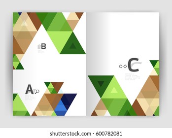 Cobertura del informe geométrico moderno vectorial anual. Folleto comercial moderno o planilla de portada A4. Fondo abstracto con triángulos de color, fondo anual de impresión de informes. Diseño de vectores para flujo de trabajo