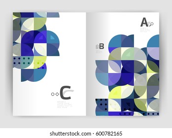 Cobertura del informe geométrico moderno vectorial anual. Folleto comercial moderno o planilla de portada A4. Fondo abstracto con triángulos de color, fondo anual de impresión de informes. Diseño de vectores para flujo de trabajo